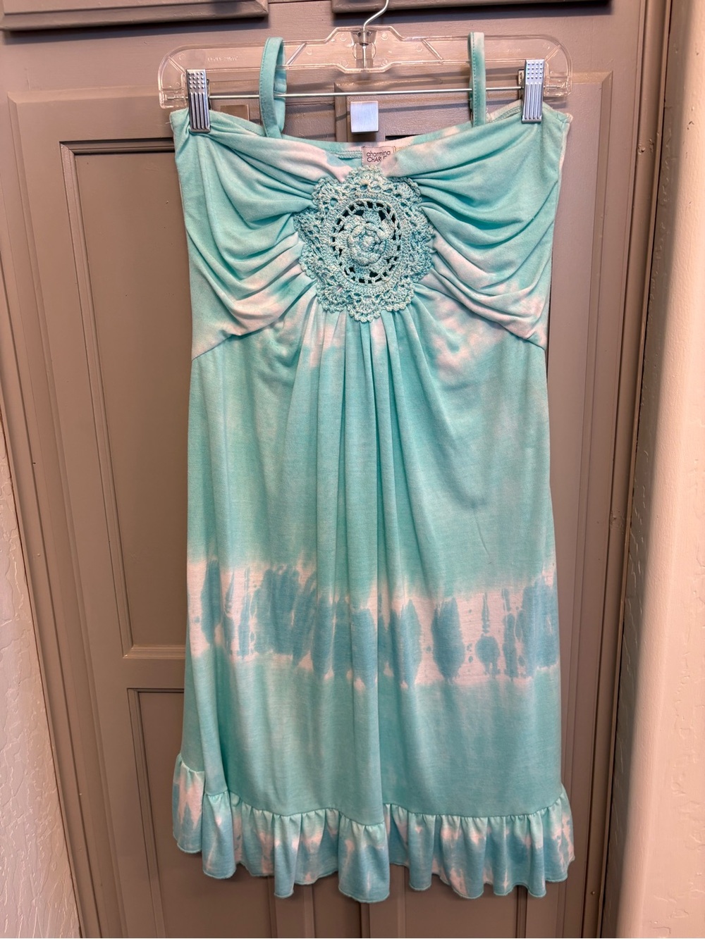 Charming Charlie Aqua Tie-Dye Crochet Medallion Dress